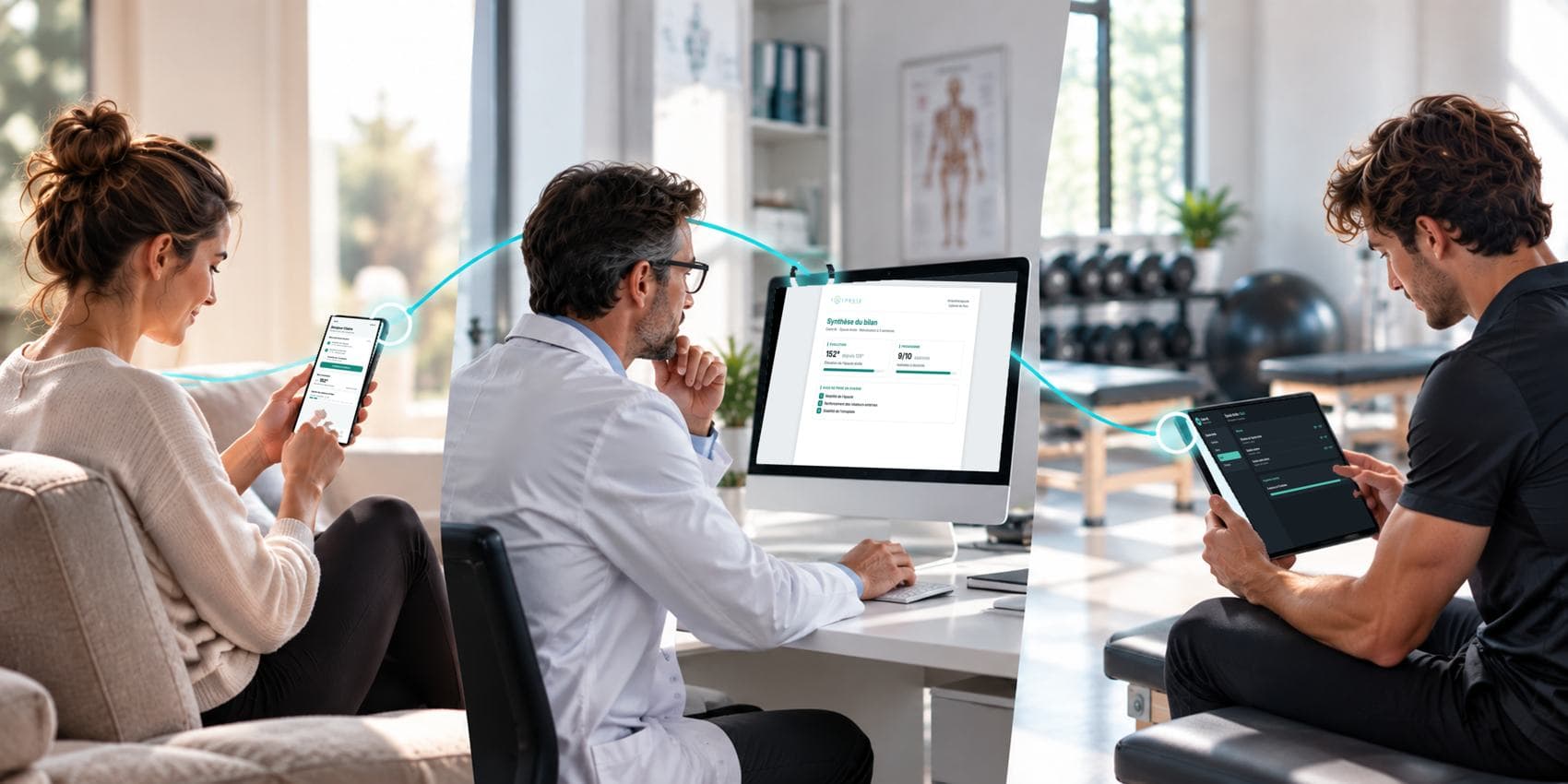 Le patient sur son téléphone, le médecin devant le compte rendu, le kinésithérapeute dans le dossier.
